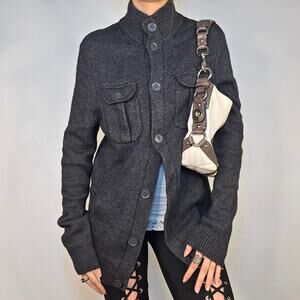 Gray Button Up Knit Slouchy Cardigan Pocket Front Y2K Grunge Academia Express